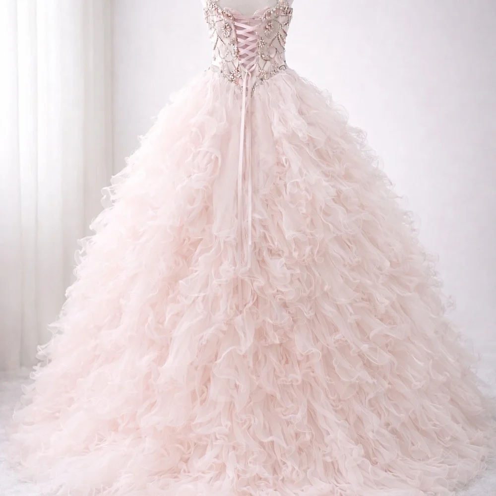 Blush Pink Ball Gown Quinceañera Prom Dress Rhinestone Corset Ruffle Tulle L/XL - Picture 2 of 14
